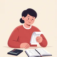 Illustration of a bookkeeper sorting receipts beside a ledger