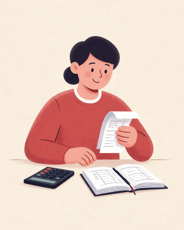 Illustration of a bookkeeper sorting receipts beside a ledger