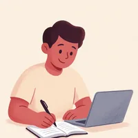 Illustration of a copywriter drafting in a notebook beside a laptop