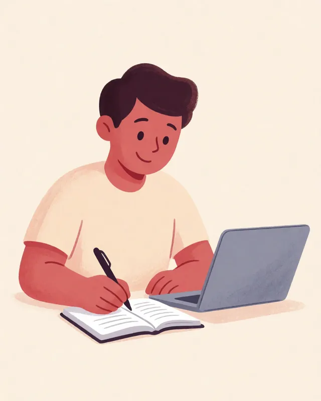 Illustration of a copywriter drafting in a notebook beside a laptop