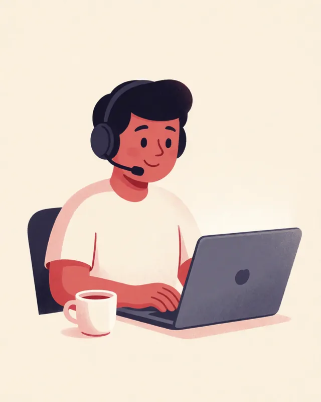 Illustration of a support agent on a headset at a laptop