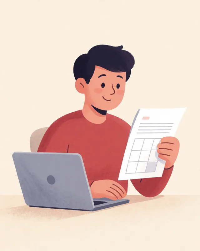 Illustration of an assistant reviewing a planner beside a laptop