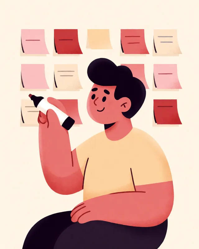 Illustration of a project manager at a wall of sticky notes