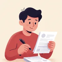 Illustration of a recruiter reviewing printed resumes