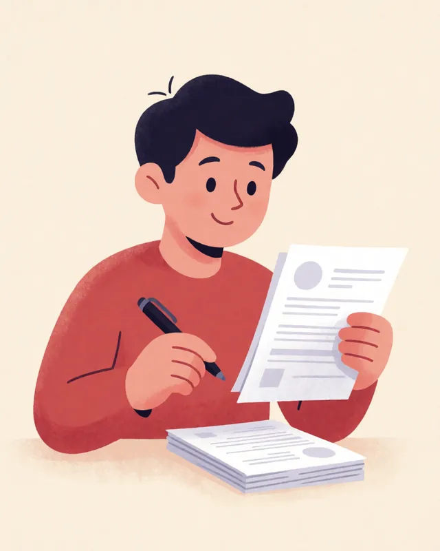 Illustration of a recruiter reviewing printed resumes