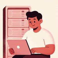 Illustration of a systems administrator working beside a server rack
