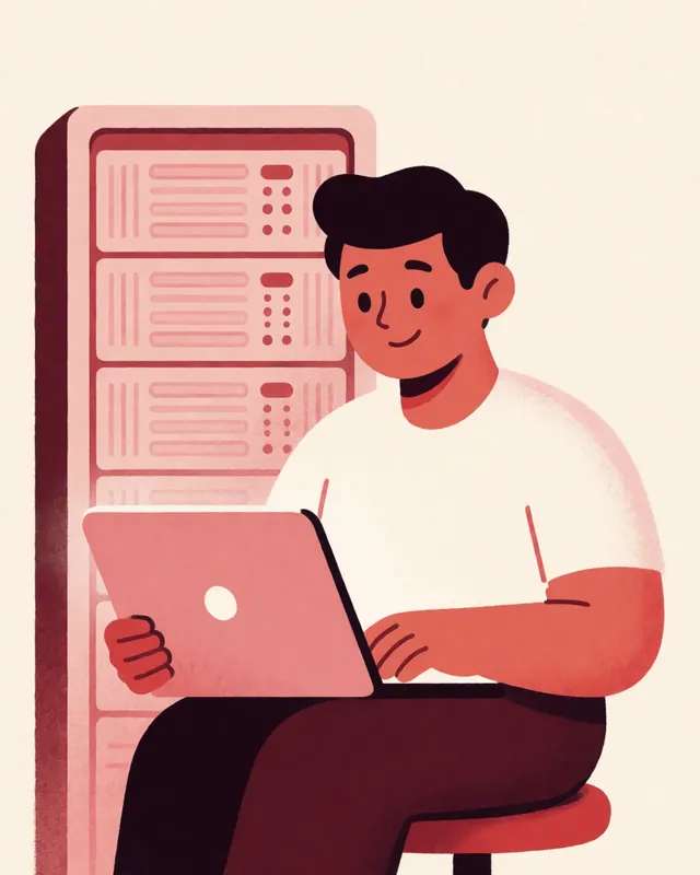 Illustration of a systems administrator working beside a server rack